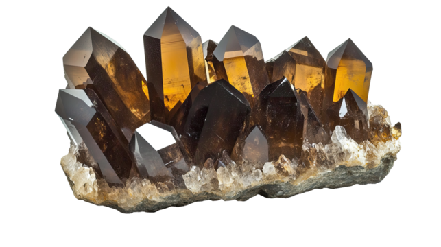 Smoky quartz crystal texture deep and shadowy isolated on white transparent background