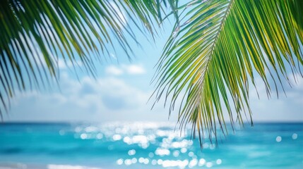 Fototapeta premium Tropical beach scene with sunlit palm leaves and sparkling blue ocean