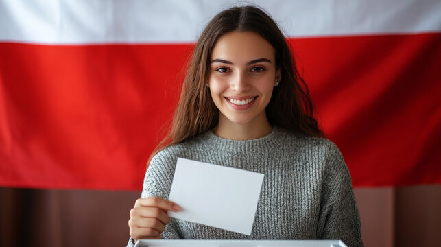 Young woman in front of ballot box holding white voting bill. White and red flag in the background. Polish presidential election  18th of May. 