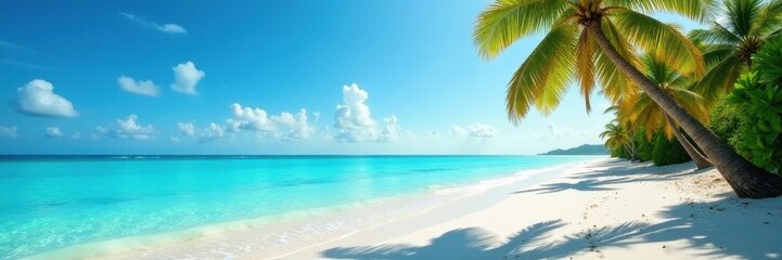 Obraz premium Serene turquoise water laps gently on white sand, palm trees sway in the breeze , gentle waves, scenic, tropical paradise