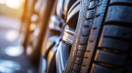 Close-up of a car tire showing tread and alloy wheel with warm sunset light