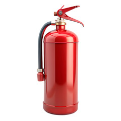 Red Fire Extinguisher: Safety equipment for fire suppression with handle and hose. Isolated on a transparent background, PNG.