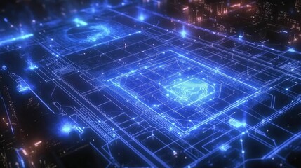 Obraz premium Glowing circuit board, digital map, futuristic city.