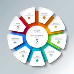 Infographic circular diagram with 9 options. Round chart that can be used for business presentations, educational resources, marketing materials, visualizing data, simplifying complex information.