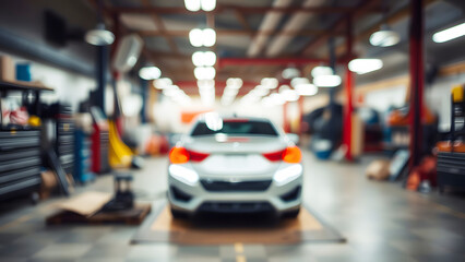 Obraz premium Automotive repair garage with cars on lifts, showcasing vehicle maintenance, repairs, servicing, and professional car, blured workshop environments.