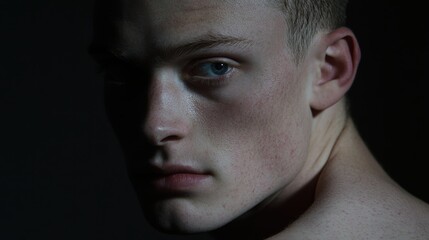 Obraz premium A close-up of a man with a strong jawline and slicked-back hair, d