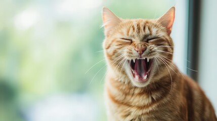 Obraz premium Orange cat yawning by the window in bright light