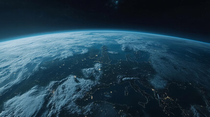 stunning view of Earth from space, showcasing Europe with city lights and cloud formations. curvature of planet is visible against dark backdrop of space