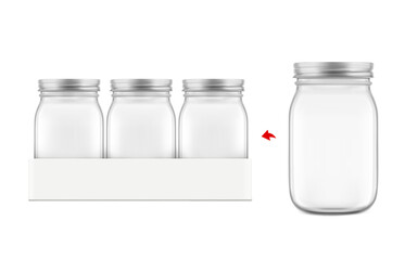 Clear mason jar multipack mockup for food, diy. Hight realistic vector illustration isolated on white background. Perfect for easy customisation and editing your design. EPS10.