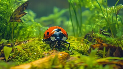 Obraz premium Macro Photography of Ladybug on Moss, Vivid Green Nature Scene