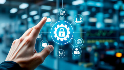 Fototapeta premium Hand selecting a cogwheel icon on a digital screen with futuristic automation technology symbols, symbolizing optimization, and digital solutions.