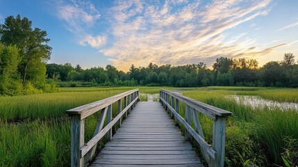 Fototapeta premium Serene wooden bridge over a swamp at sunrise, leading to an open field with green grass and trees, showcasing a summer landscape under a blue sky. Wide-angle perspective of a tranquil natural scene.