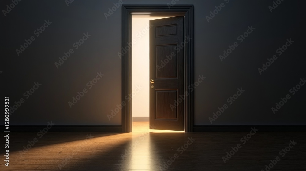 Poster gentle rays of light cascade into a dark room through a partially open door, illuminating polished w