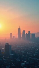 Fototapeta premium Smoggy LA skyline, hazy sun, iconic buildings , city, metropolis, california