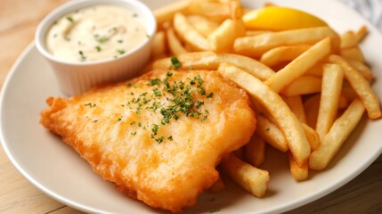 Crispy battered fish with golden french fries and tartar sauce on a plate