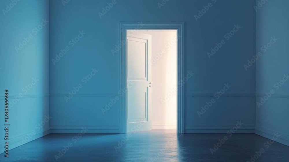 Poster a softly illuminated door stands ajar in a calm blue room, beckoning with the promise of brightness 
