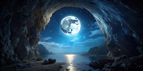 Fototapeta premium Luminous Moon Peeks Through Dark Cave Entrance, moonlight, mysterious, moonlight, mysterious, cave entrance