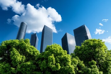 Obraz premium green city - double exposure of lush green forest and modern skyscrapers windows