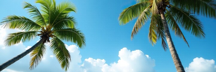 Coconut tree branches sway in the wind as fluffy white clouds drift lazily by, branches, serenity, relaxation