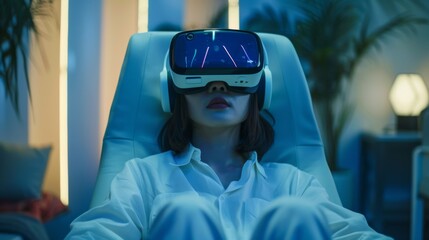 A person wearing a virtual reality headset sits comfortably in a modern, softly lit room. Engaging in digital therapy, they focus on mindfulness techniques to support mental well being.