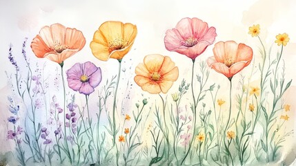 Fototapeta premium Colorful Watercolor Flowers in Bloom with Delicate Greenery