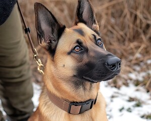 Dog on leash in snowy field