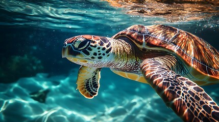 Fototapeta premium Graceful Sea Turtle Gliding Through Crystal Clear Ocean Waters