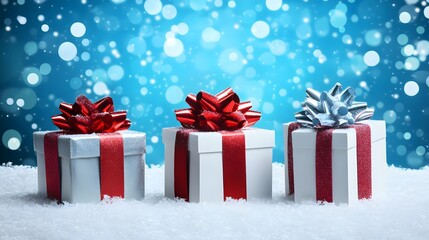 Three Christmas Gifts Snowy Background Festive Holiday Presents Winter Wonderland