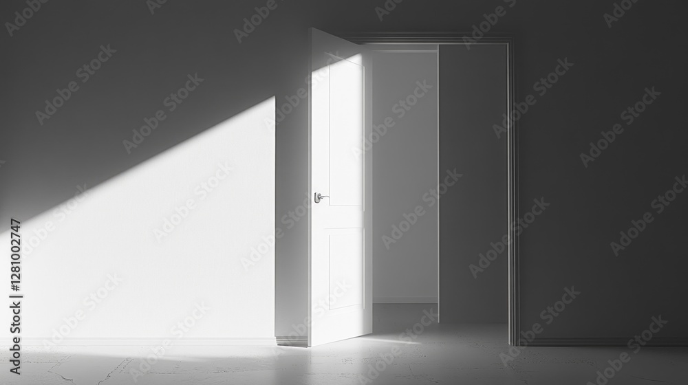 Poster A partially opened door stands in stark contrast against a featureless white room, inviting soft light to spill across the floor, creating an atmosphere of mystery and wonder