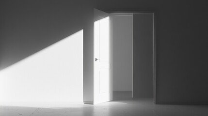 A partially opened door stands in stark contrast against a featureless white room, inviting soft light to spill across the floor, creating an atmosphere of mystery and wonder