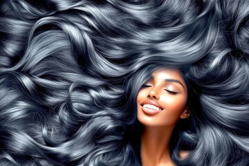 Fototapeta premium Long hairdo - beach waves hair. Pretty smiling black girl - for ads, media and internet marketing use. Commercial commercial visual idea. Glamorous african advertising concepts. Model concept.