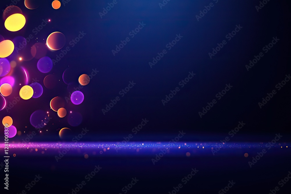 Wall mural abstract background with colorful bokeh lights and glowing particles on dark blue.