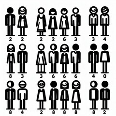  series of simple black-and-white clipart figures arranged in two rows, each with four distinct categories.
