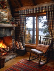 A Cozy Cabin Interior Showcases Fireplace and Peaceful Window Scene