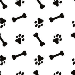 Dog Paw Seamless pattern. Dog footprint and bone repeating pattern. Black and white pattern with dog tracks and bone