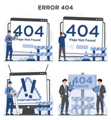 Set of Error 404 page not found concept with missing webpage message and broken link notification