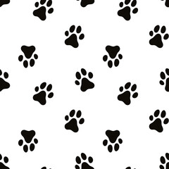 Fototapeta premium Dog Paw Seamless pattern. Dog footprint repeating pattern. Black and white pattern with dog tracks 