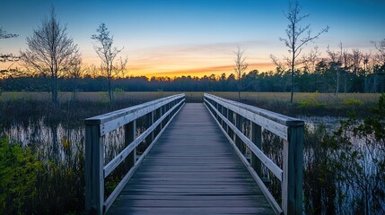 Fototapeta premium Serene wooden bridge over a swamp at sunrise, leading to an open field with green grass and trees, showcasing a summer landscape under a blue sky. Wide-angle perspective of a tranquil natural scene.