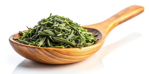 Dry green tea leaves in wood spoon on white background