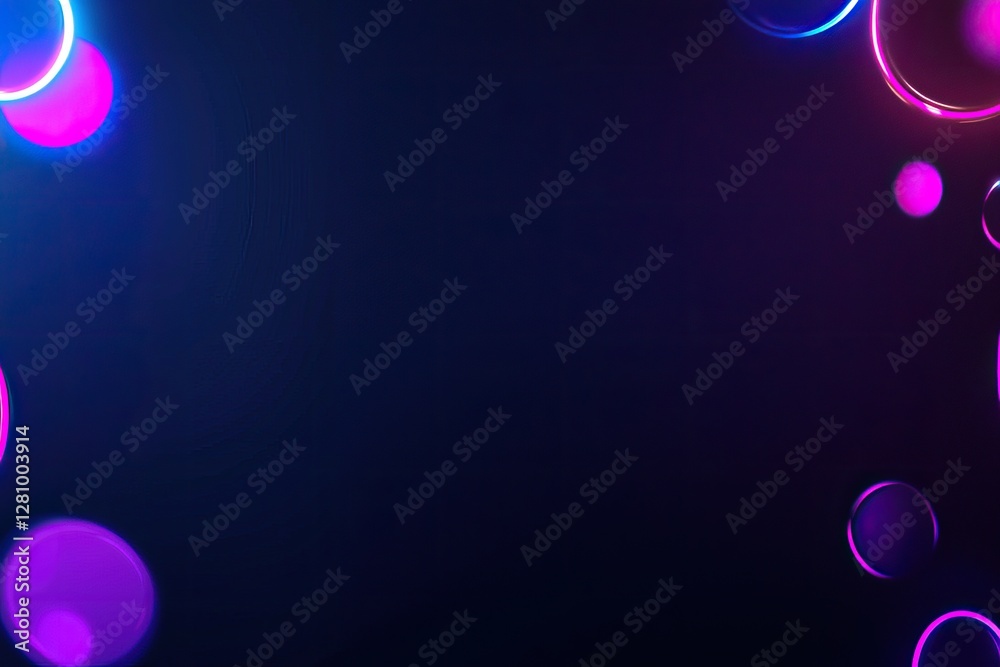 Wall mural abstract background with vibrant neon circles, purple and blue glowing lights, bokeh effect, dark ba