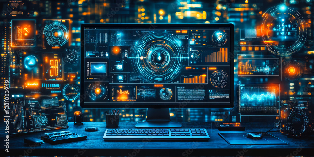 Poster cross-platform integration concept with futuristic technology interface for enhanced workflow effici