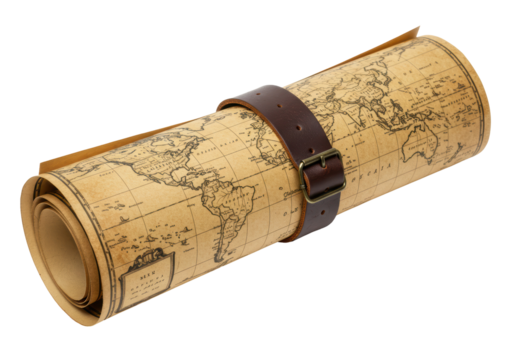 Isolated Rolled Up Antique World Map with Leather Strap