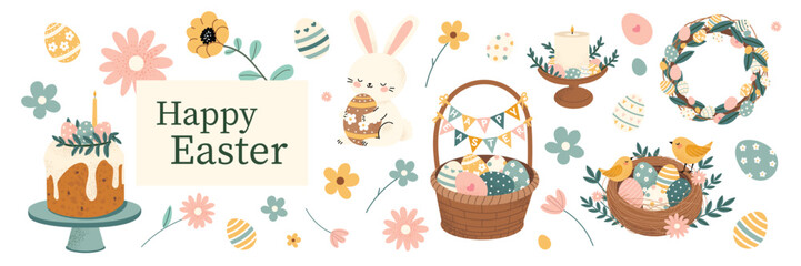 Cute Easter illustration with adorable bunny, festive basket, painted eggs, spring flowers, and holiday decorations. Vector collection in hand drawn style, perfect for greeting cards, posters.