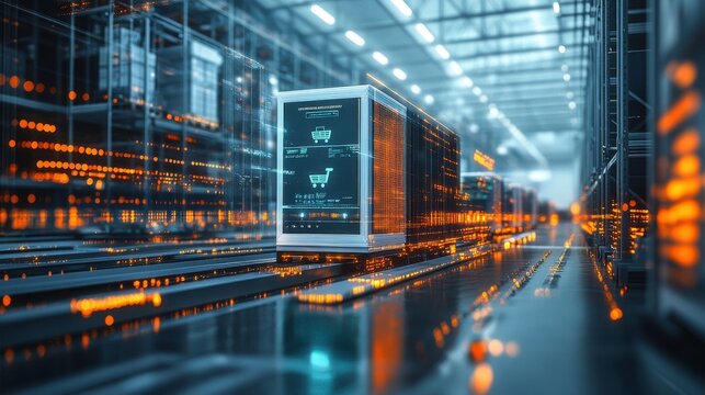 A futuristic warehouse scene featuring digital containers and glowing data streams, highlighting advanced logistics and technology.