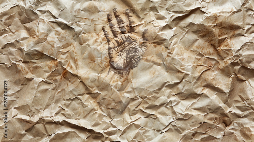 Poster A crumpled brown paper bag with a hand print.