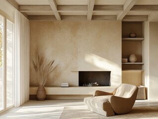 Fototapeta premium Modern minimalist living room shows a cozy and warm atmosphere