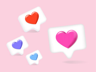 3D Colorful Heart and Love Dialogue Vector Icons on Pink Background for Social Media and Messaging Apps. Vector.