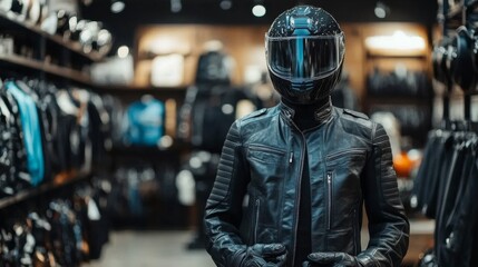 Leather Jacket And Helmet Displayed In A Store