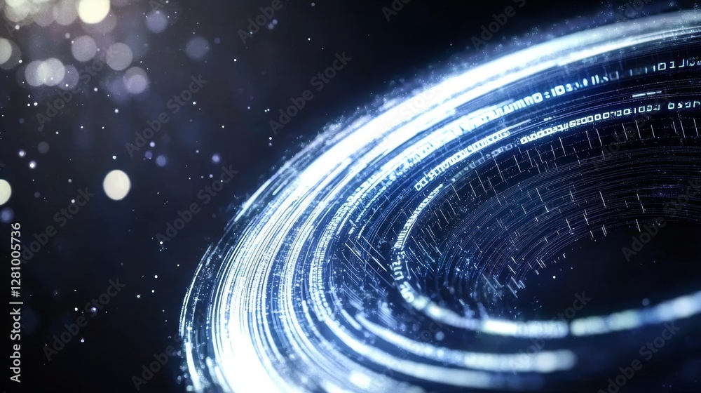 Poster simulation of galaxy star motion on a dark background, representing future energy and data technolog