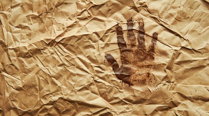 A handprint on a crumpled brown paper background.